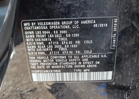 2019 Volkswagen Atlas 2.0T Se из США, поврежденный, VIN 1V2DP2CA9KC573556